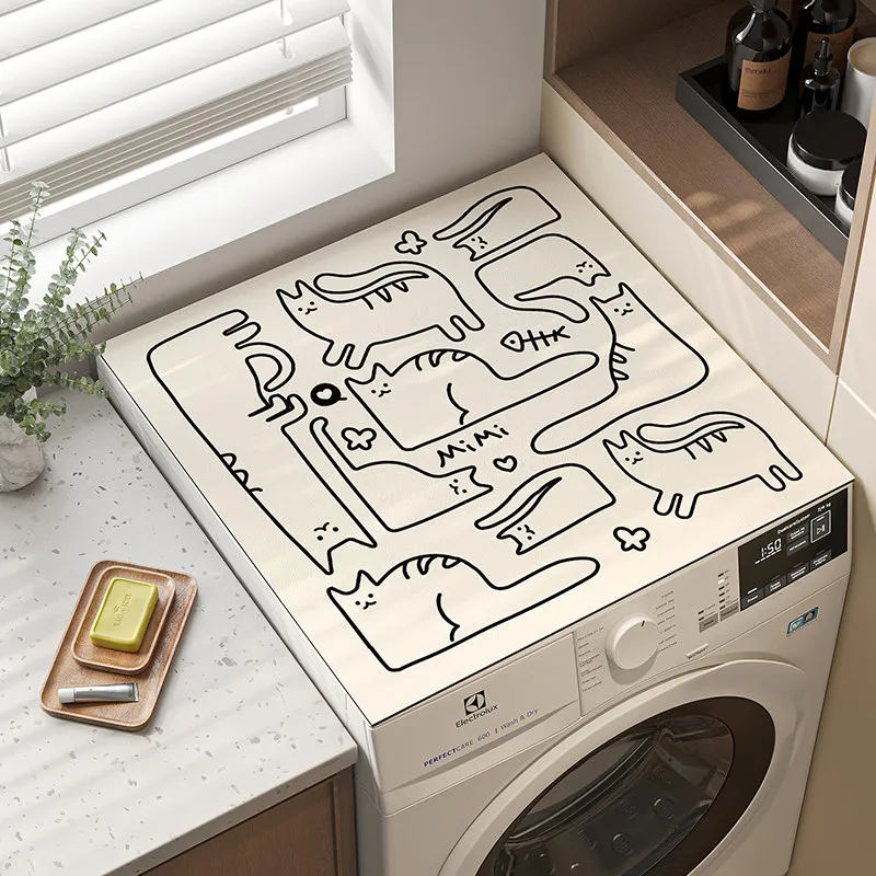 VIKAMA Doodle Cat & Line Art Diatom Mud Washing Machine Mat, 6 Designs, Non-Slip Absorbent Cover
