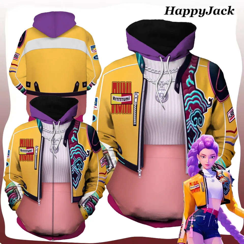 

Толстовка с капюшоном для косплея Rumi Demons Fantasia Hunter KPOP, пальто с 3D принтом и капюшоном для женщин и девочек, уличная одежда на Хэллоуин, пуловер, куртка на молнии