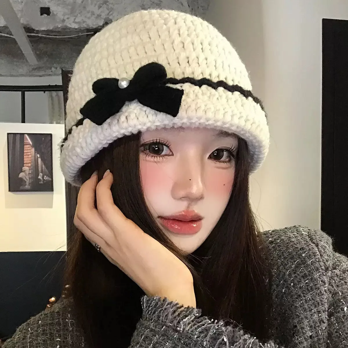 Winter Knitted Hat Women Bow Decor Wave Brim Warm Fisherman Cap Autumn Crochet Bucket Hat Cute Elegant Soft Stretchy Beanie