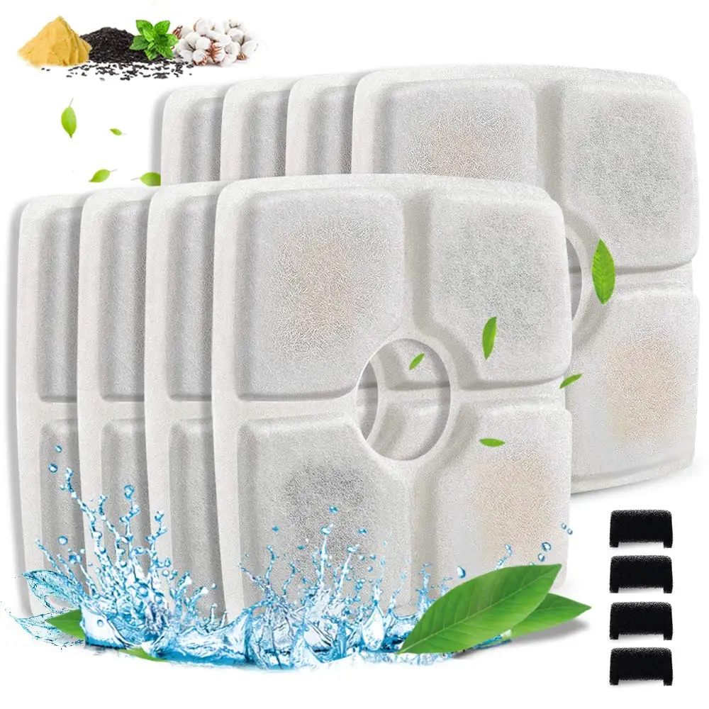 8pcs Square 3 Triple Filtration System Replacement Cat Water Fountain Filters 4 Sponges for 84oz/2.5L Cat Water Dispenser