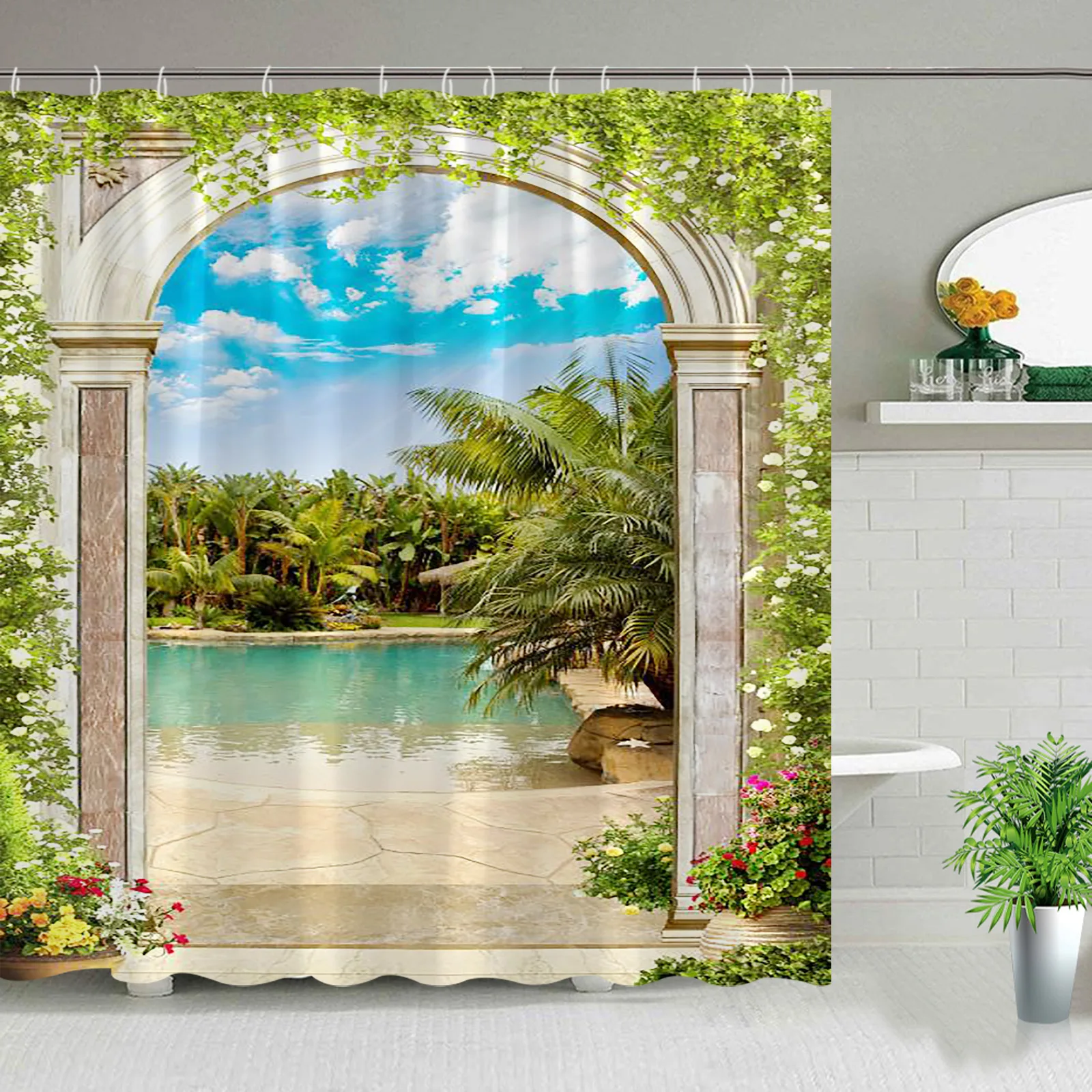 Garden Scenery Shower Curtain Wisteria Flower Stand Mediterranean Town Architecture Landscape Seascape Fabric Bathroom Decor