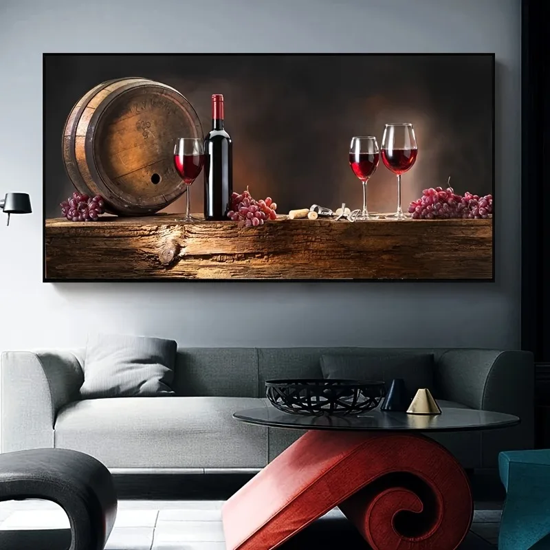 1pc Unframed Artistic Canvas Poster, Vintage Classic Red Wine Glass and Barrel Painting, Artwork Wall Painting Wall Decor