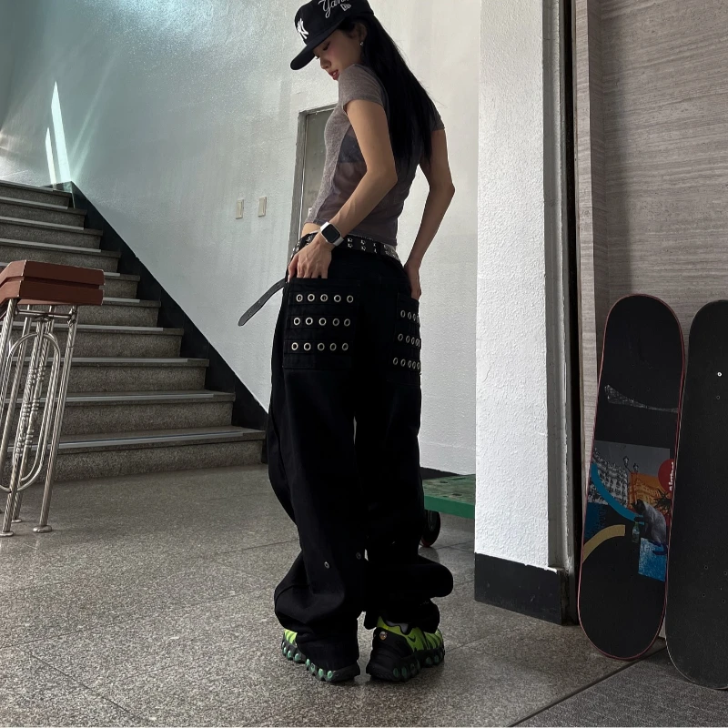

Y2K unisex straight leg dark style Gothic slim fit black jeans basic style straight leg pants simple and fashionable
