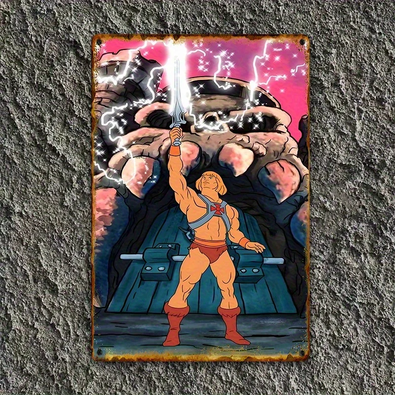 Retro Metal Aluminum Sign, Featuring He-Man Skull Battle Scene Artwork- Vintage 80s Cartoon Wall Decoration, Suitable for Home,