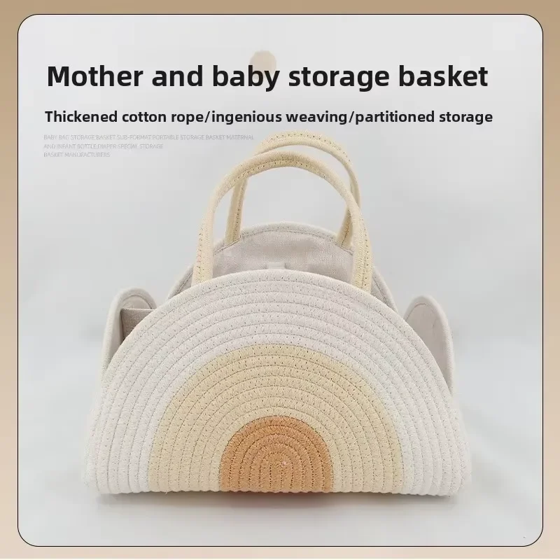 Cotton Rope Woven Diaper Basket with Partition Handbag for Women Pregnant Baby Storage Organizer Portable Nursery Tote Bag