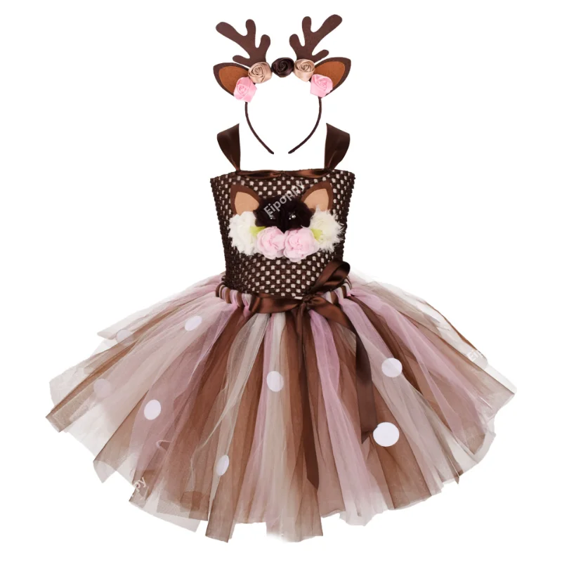 Cartoon Deer Bambi Tutu Dress Christmas Children Mesh Princess Dress costumi Cosplay di Halloween regalo di capodanno per ragazze Cosplay