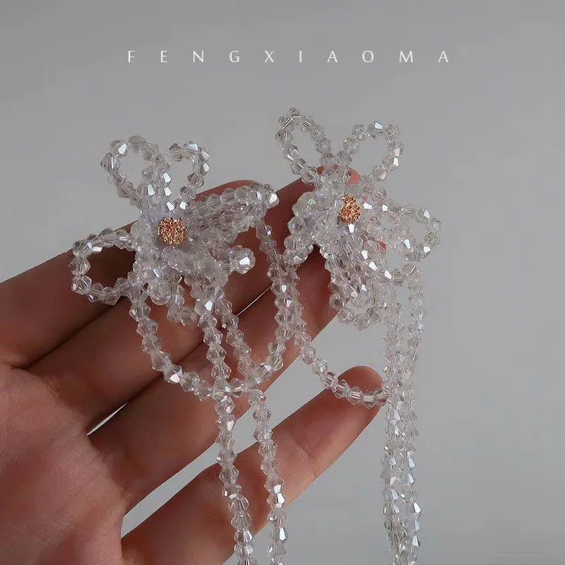 

2022 New Fashion Tassel Pendant Earrings for Women Girls White Transparent Crystal Beads Flower Drop Earrings Earring Jewelry