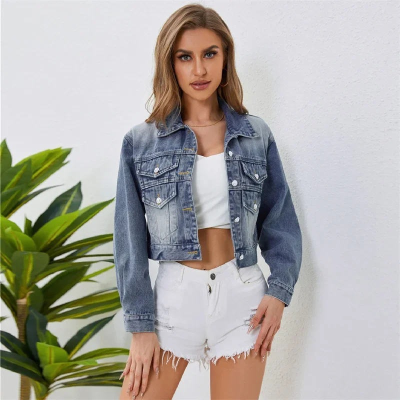 Jaqueta jeans emendada para mulheres, casaco curto feminino, jeans justo, tops casuais, wash, streetwear, casacos, moda, primavera, outono, 2023