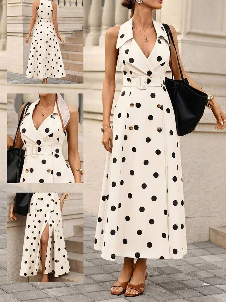 Elegant Party Dress With Pockets Women Polka Dot Print Maxi Dress New Lapel Sleeveless Dress Double Breasted Belted A Line Dress