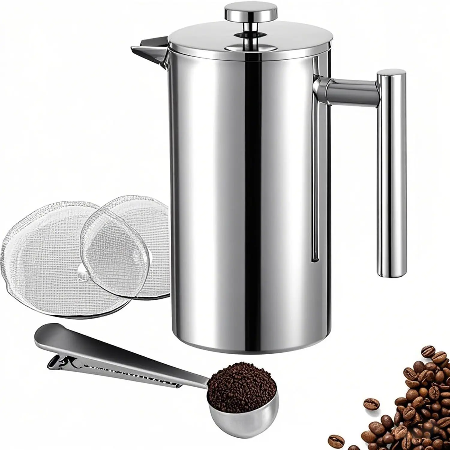 Cafetera Francesa de Acero Inoxidable de 350 ml con Aislamiento de Doble Pared, Incluye 2 Filtros y Cuchara