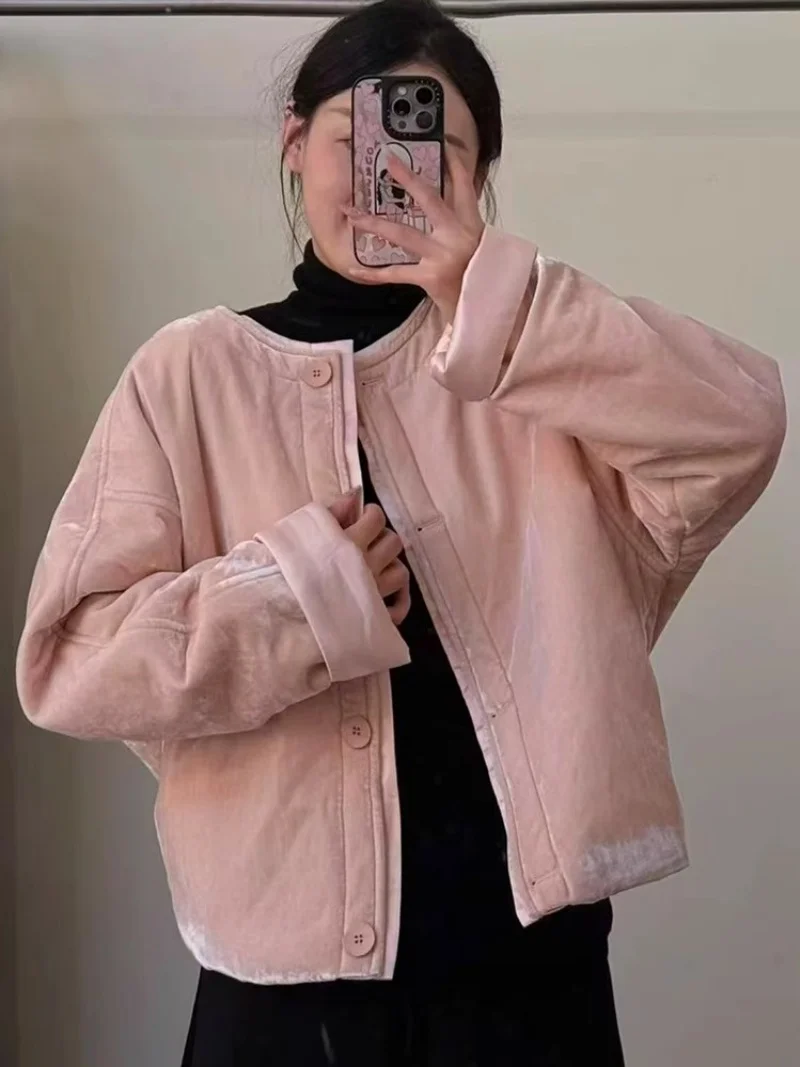 

Korean Style Velvet Cotton Jacket For Women In Autumn And Winter 2025 New Loose Versatile Round Neck Short Coat Top w1342