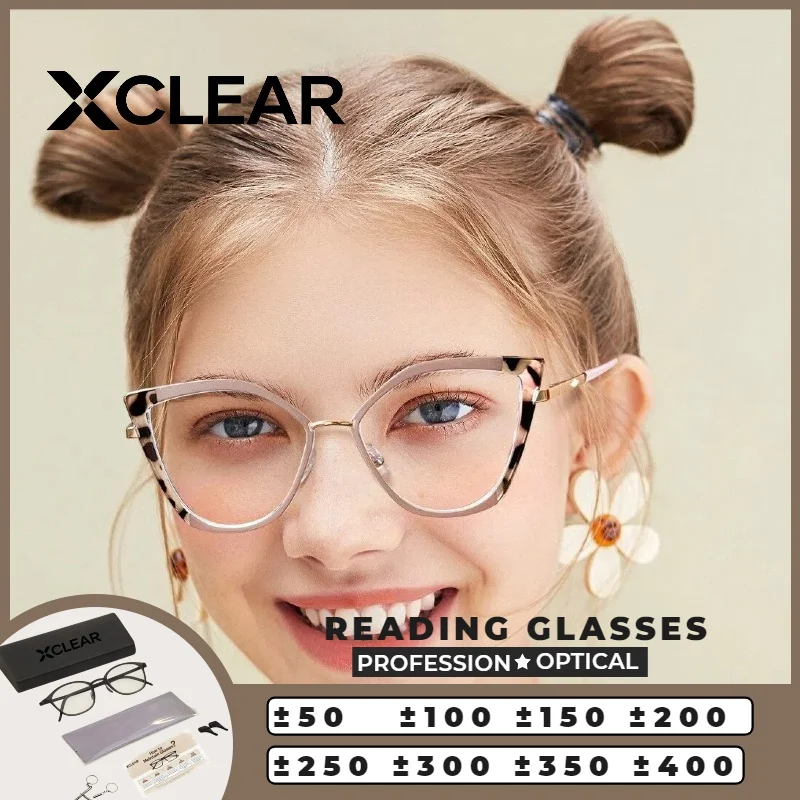 

XCLEAR Women's Cat Eye Reading Glasses Metal Fashion Lightweight Anti Blue Light UV Protection Clear Lens Daily Wear Durable
