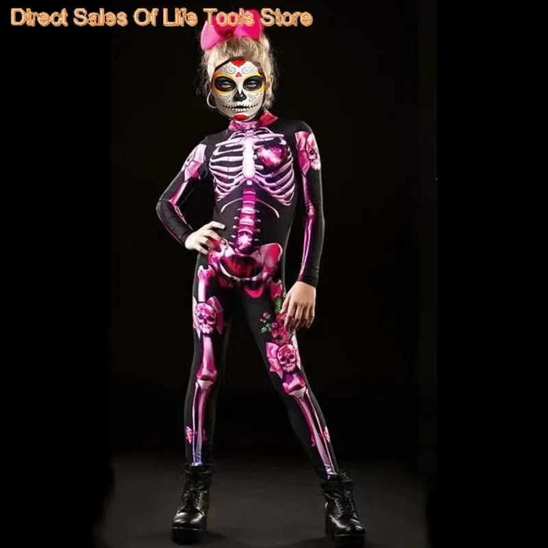 Female Ghost Bride Jumpsuit Printed Skeleton Rose Dressup Costume Horror Theme Party Halloween Girls Trendy Parent-Child Costume