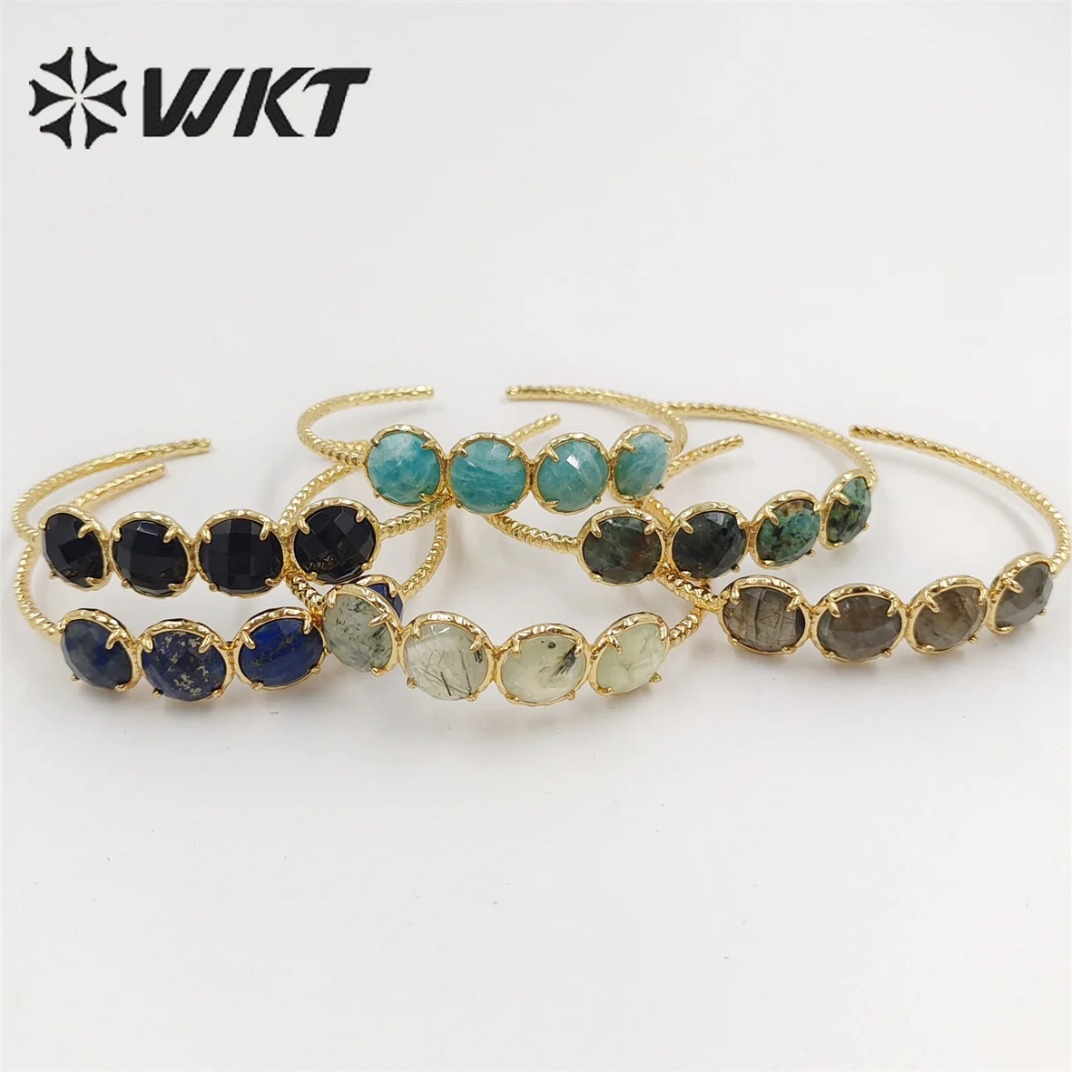 

WT-B612 WKT New Design Four Stone Claw Setting Natural Gemstone Bangle Women Fashion Gold Plated Cuff Fine Jewelry