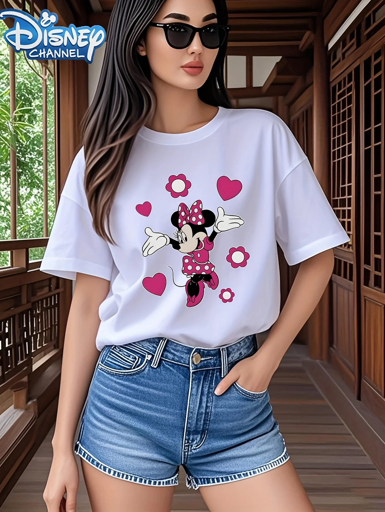 

Disney Women's Minnie Pattern Y2K Style Short Sleeve Summer Top Black with Pink Heart and Red Bow Design Casual Loose