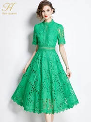 H Han Queen 2024 Spring New Elegant Party Dresses 2024 Floral Crochet Hollow Out Lace Vestido Patchwork Casual Office Midi Dress