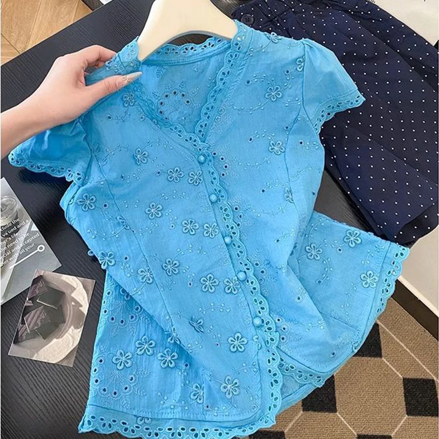 Elegant V-Neck Short Sleeve Embroidered Hollow out White Shirt Women's Fashion Summer 2025 Korean Style Loose Fit Breathable