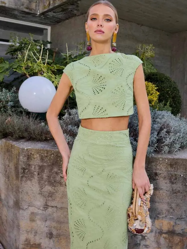 

MCDV Embroidery Hollow Out Dress Sets Women Chic Summer O-neck Sleeveless Vest Split Long Skirt Matching Elegant 2 Piece Outfits