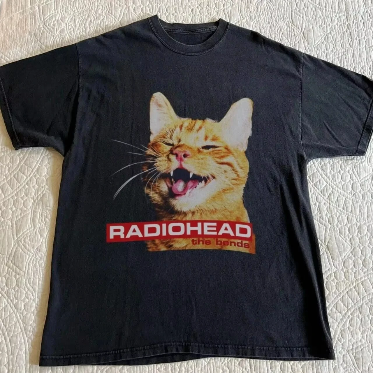 2026 new Vintage Radiohead The Bends Funny Ginger Cat Portrait Rock Band Print Tee Adult Unisex Black Loose Short Sleeve Music