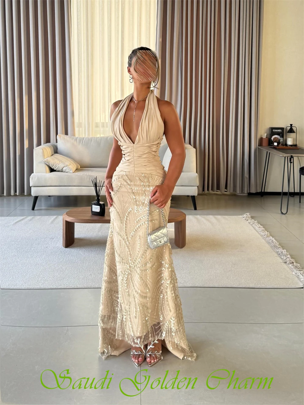 Customized Simple khaki Organza Evening Dress Formal Halter Sleeveless Celebrity Gowns Classic Sequined Backless Party Dresses