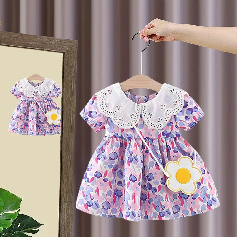 Baby Children\'s Summer New Doll Neck Lace Panel Printed Dress Children\'s Short Sleeve Full Print Princess Dress and Bag