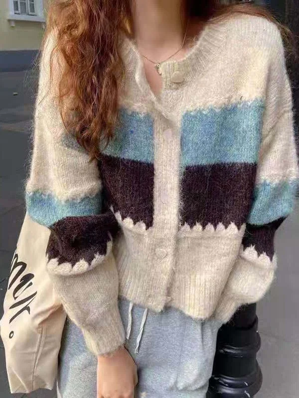 

Chic Vintage Color Block round Neck Sleeveless Knitted Open Cardigan Sweater Women's Loose Long Sleeve Spring Autumn Outerwear