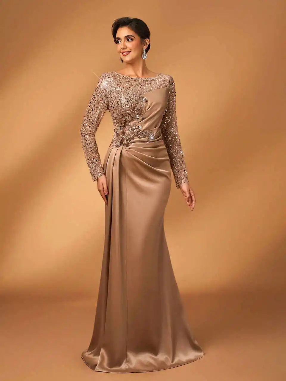 Elegante lantejoulas manga longa vestidos de noite sereia vestidos de mãe 3d floral até o chão festa formal feito sob encomenda