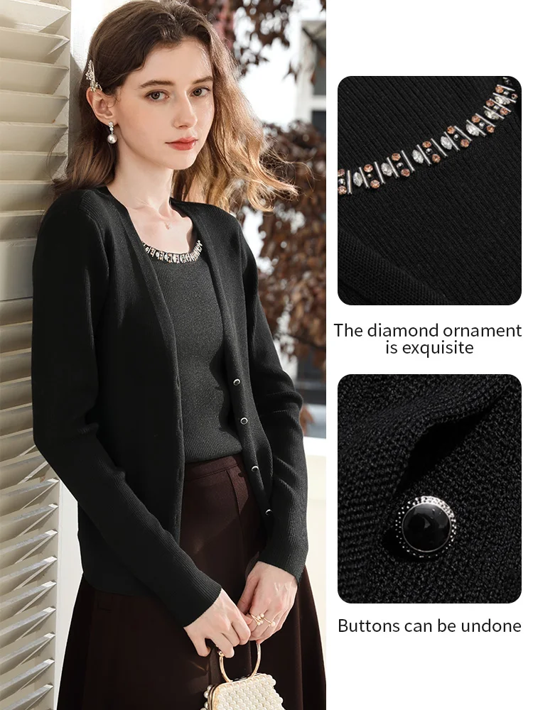 I BELIEVE YOU Women's Black Fake Two-piece Cardigan 2025 Autumn Lyocell Sweater Handmade Nail Drill Round Neck Top 2253146056