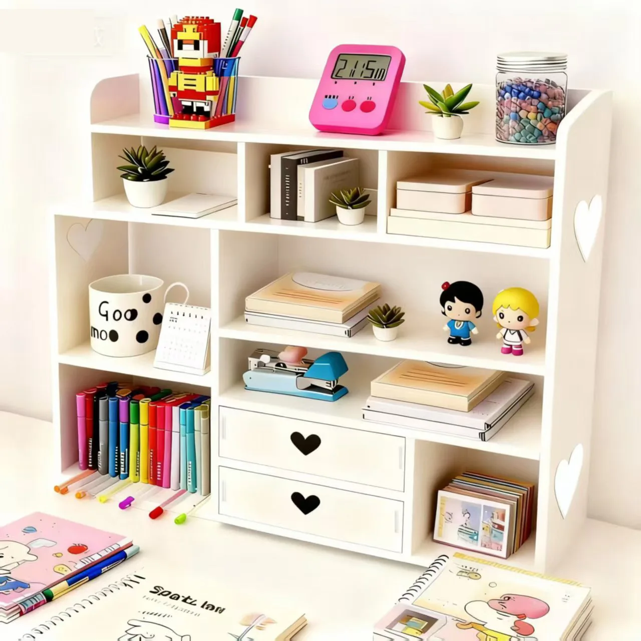 Nueva caja de almacenamiento multicapa de escritorio en forma de corazón estilo cajonera caja de plástico de madera a prueba de humedad para estudiantes pequeños adornos o...