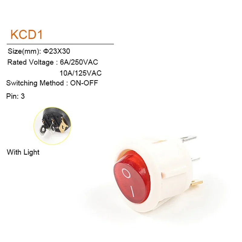 5PCS 23MM Diameter Small Round Boat Rocker Switches  2/3Pin 2/3 Position 6A/250VAC 10A/125VAC  Button Switch with Light