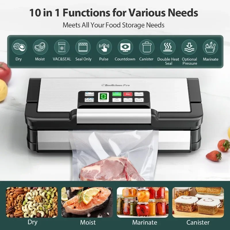 90Kpa Powerful Vacuum Sealer, with 10-in-1 Functions,Double Seal & Double Pump,Built-in Cutter&Hose,Handle-Ease Design