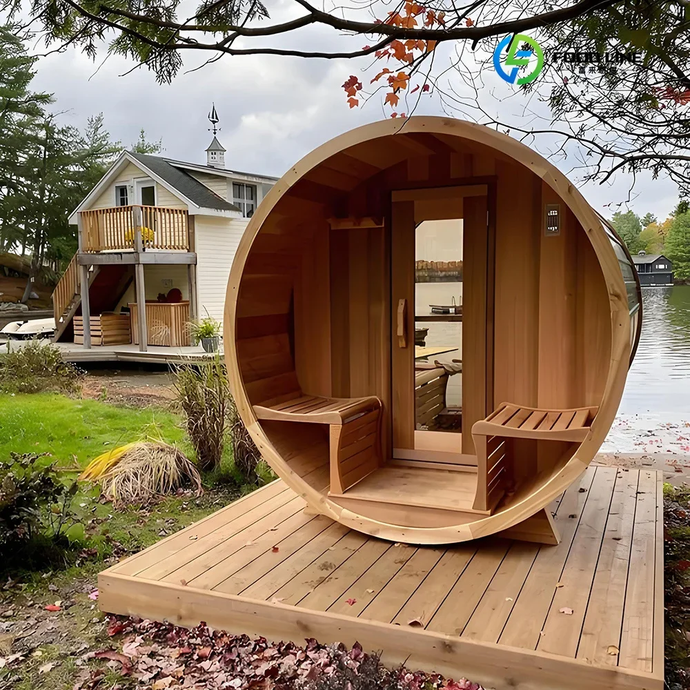 FL High Quality Red Cedar 3-Person Outdoor Barrel Sauna Room Modern Design with Electric Heating 6kw Power for Villas Customized