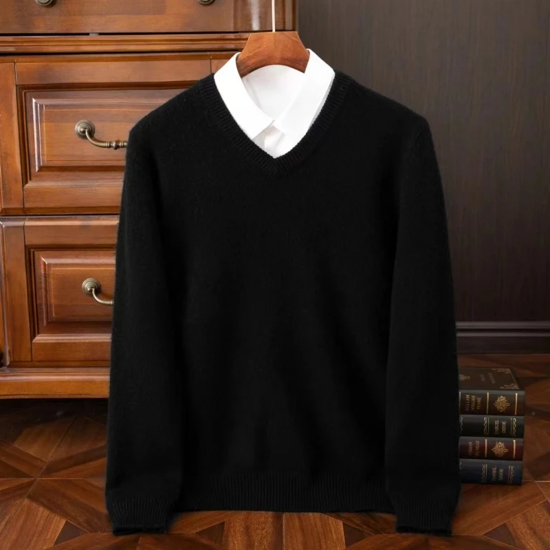 Pull en laine à col en v pour homme, manches longues, couleur unie, décontracté, Business, nouvelle collection automne hiver, haut basique chaud en tricot