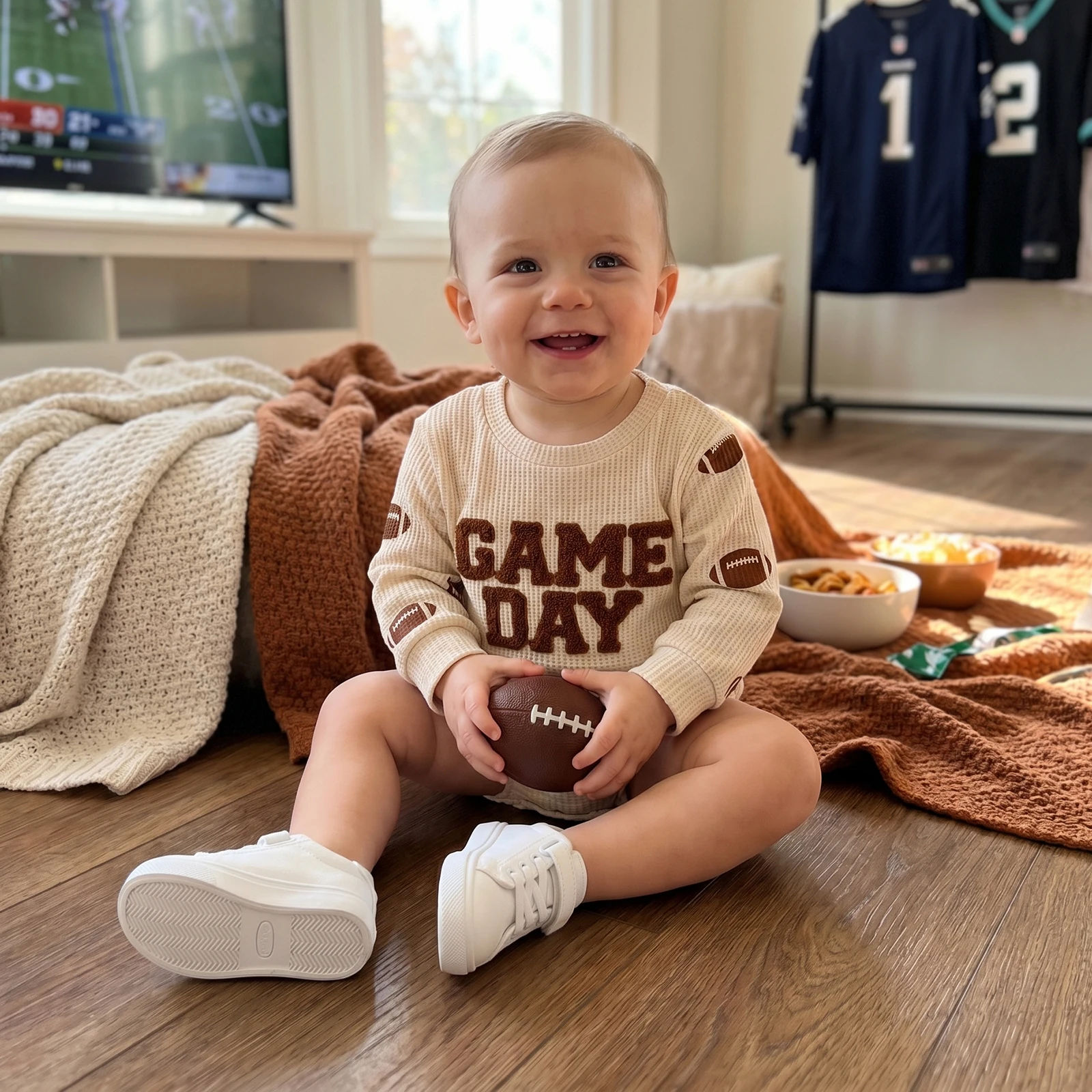 Baby Boys Girls Romper Long Sleeve Round Neck Football Embroidery Bodysuit Newborn Fall Playsuit