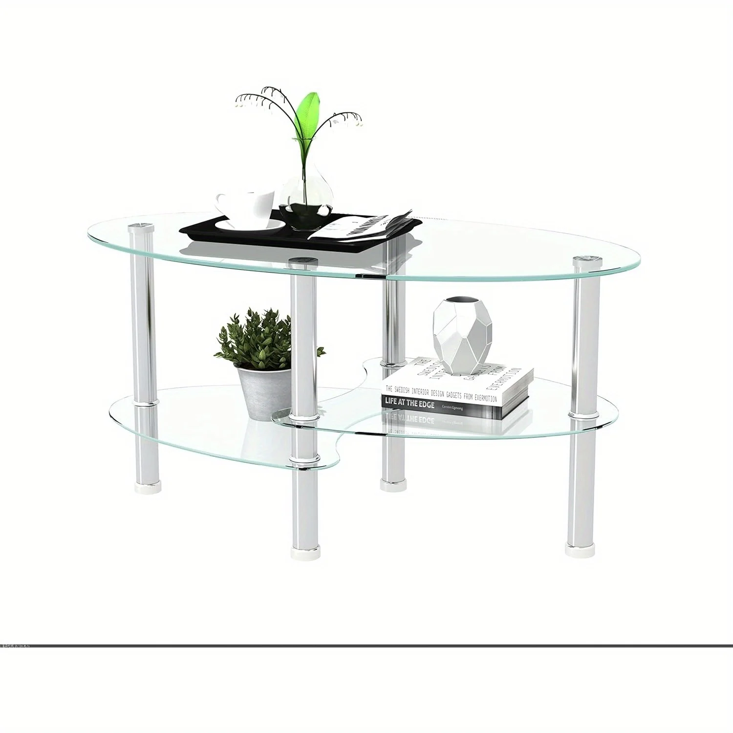 Mesa De Café De Vidro Oval Transparente Minimalista, Mesa Lateral De 3 Camadas, Perna De Madeira, Economia De Espaço, Sala De Estar, Apartamento, Decoração De Casa