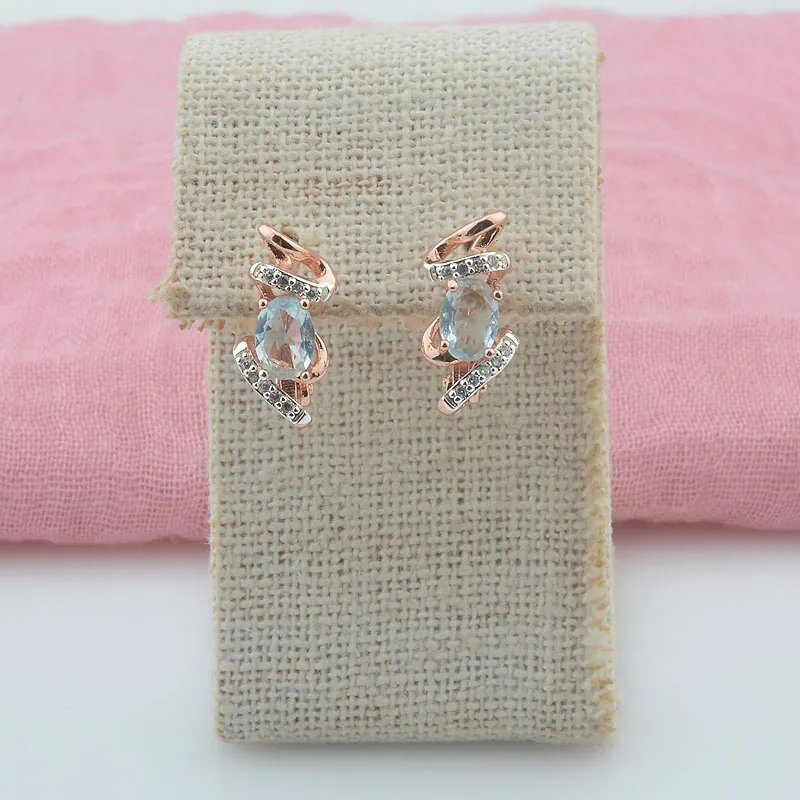 FJ New Ladies 585 Rose Gold Color Light Blue Stone Party Earrings