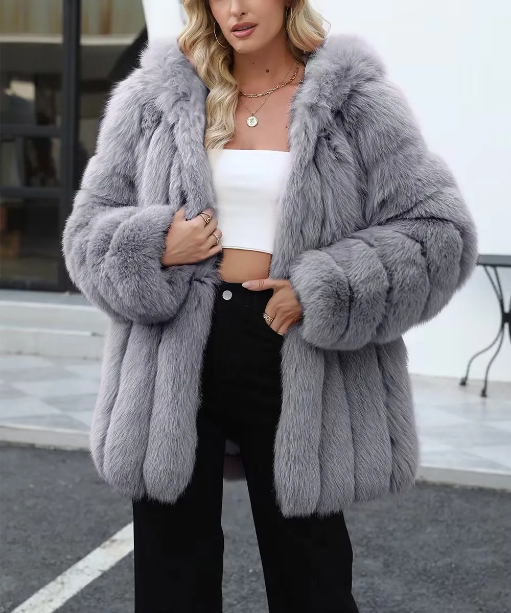 Faux Fox Fur Coat Women Solid Fur Jacket Long Sleeve Turn Down Collar Open Stitch Thick Warm Fur Loose Casual 2026 Autumn Winter