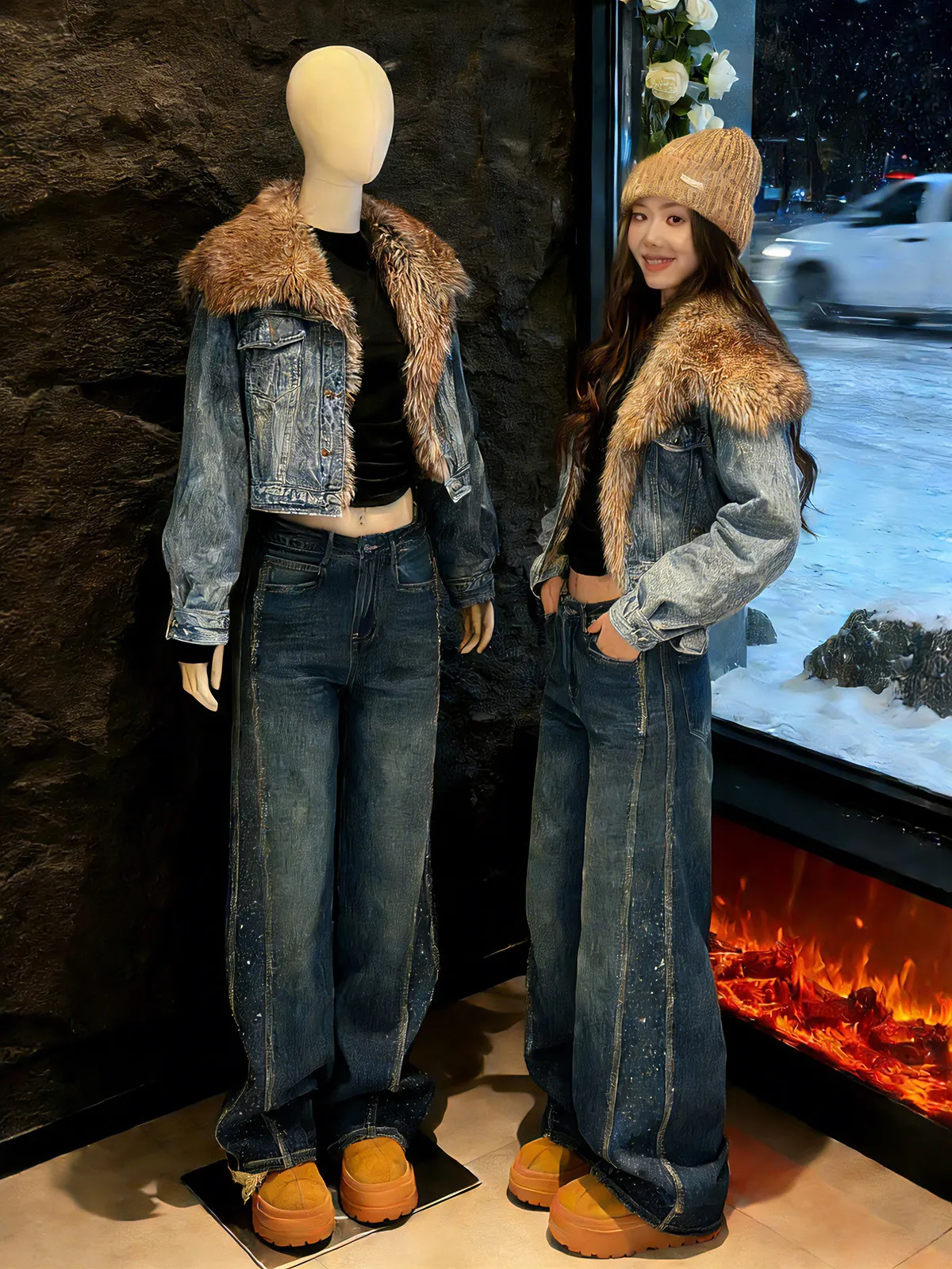 Modieuze Thiened denim jeans met rechte pijpen, dames winterbroek met hoge taille, draperende wijde pijpen, casual broek met hoge taille