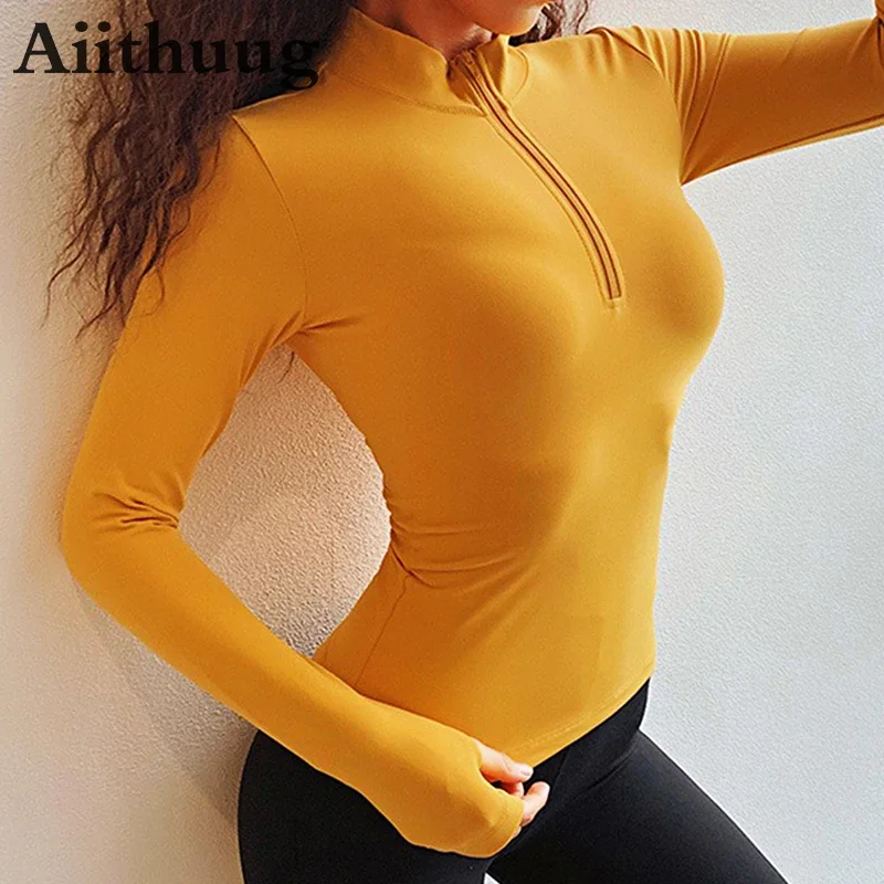 Aiithuug Half Zip Thumbholes Yoga Jackets Women's Slim Fit Long Sleeve Breathable Pilates Sports Running Outdoor Hiking Pullover