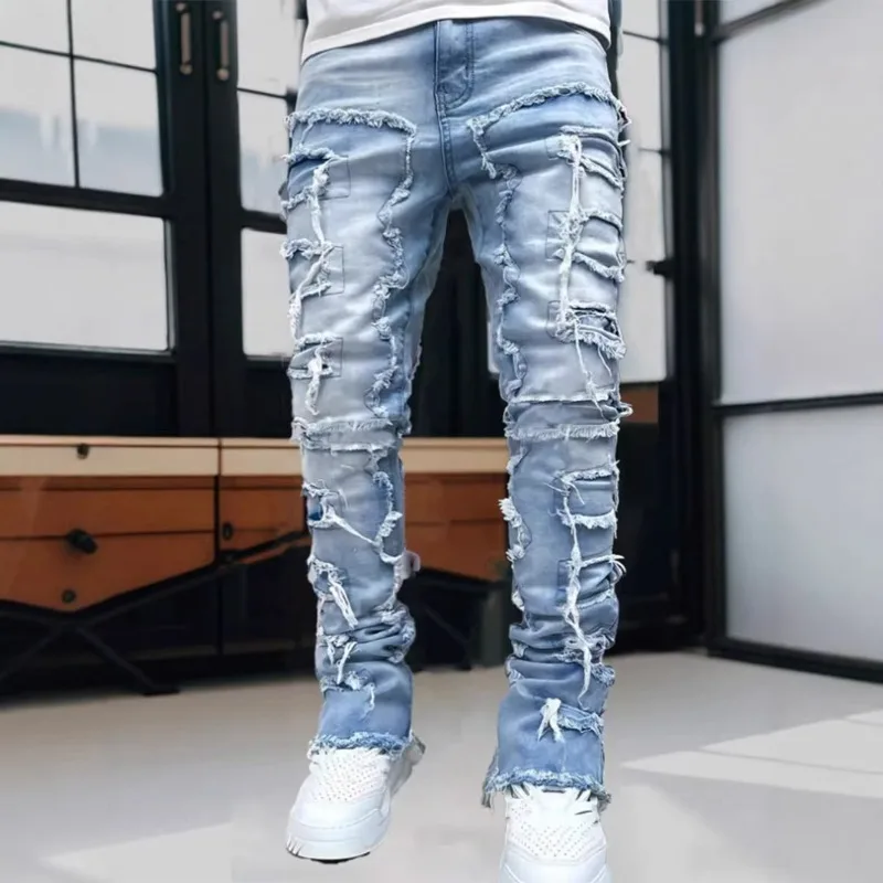 Men's High‑Street Jeans Patchwork Distressed Raw Edge Fashion Slim Straight Leg Casual Long Trousers