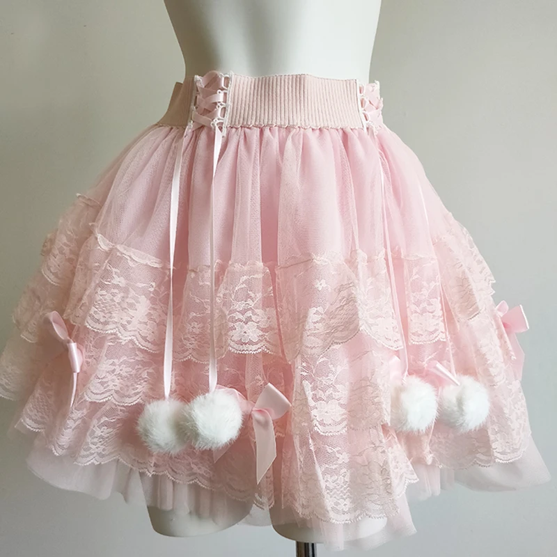 Jupes en dentelle multicouches mignonnes pour filles douces, décoration d'été avec nœuds, taille élastique, Style Lolita, jupe blanche, vêtements Kawaii