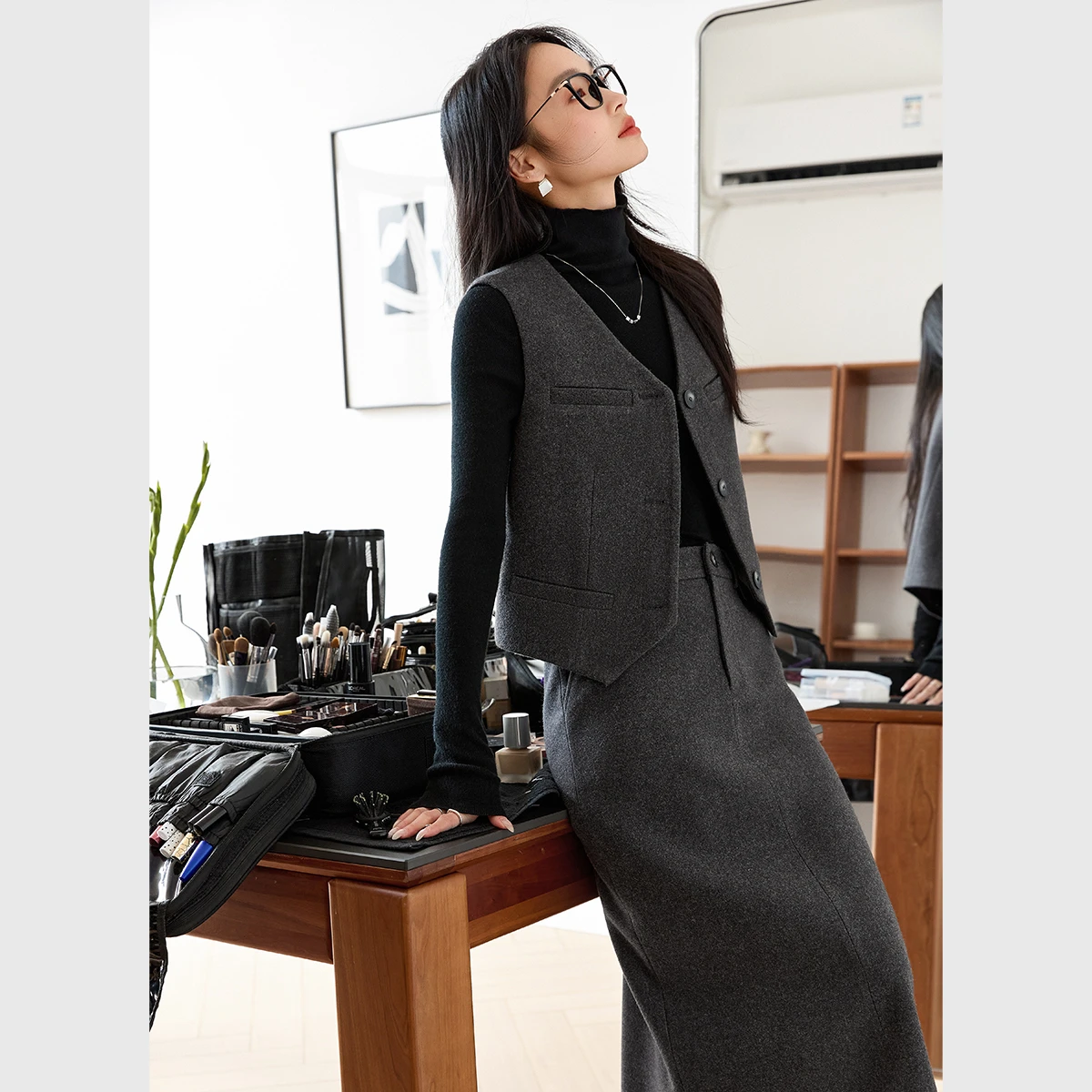 VIMLY Women's Skirt Sets Old Money Style Grey Sleeveless Waistcoat Midi Skirts 2026 Winter Casual Ladies Set 2 Pieces M9389