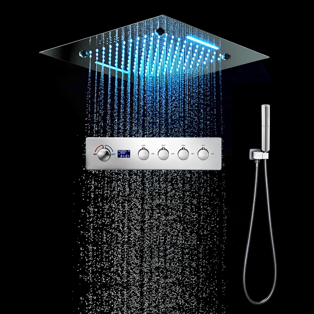 

Qlonn Chrome 20-дюймовая музыкальная светодиодная душевая система для дождя/водопада/спрей насадка для душа с латунным ручным смесителем для отвода горячей и холодной воды