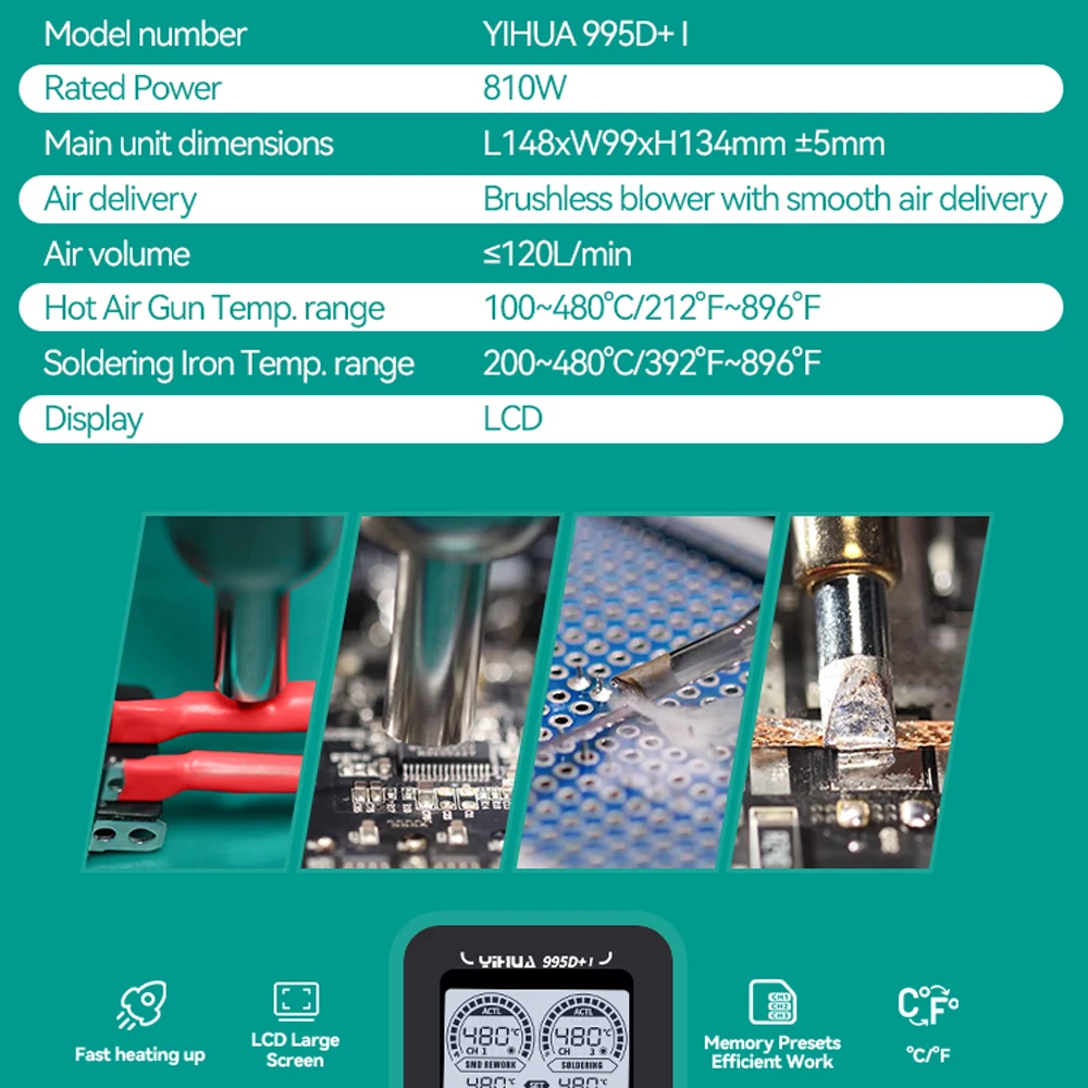 YIHUA-Estación de soldadura 995D + SMD con pistola de aire caliente enchufable, soldador, BGA, retrabajo, reparación de teléfonos