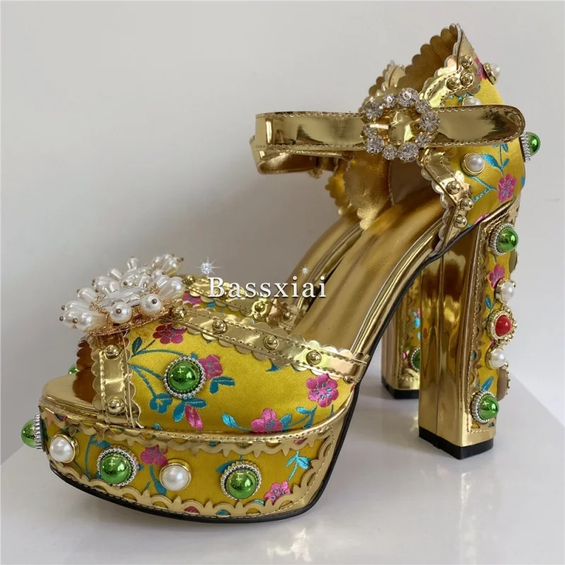 Top Quality Embroidery Satin Party Shoes Summer Beads Pearl Chunky Heel Rhinestone Diamond Platform Sandals Women image 5