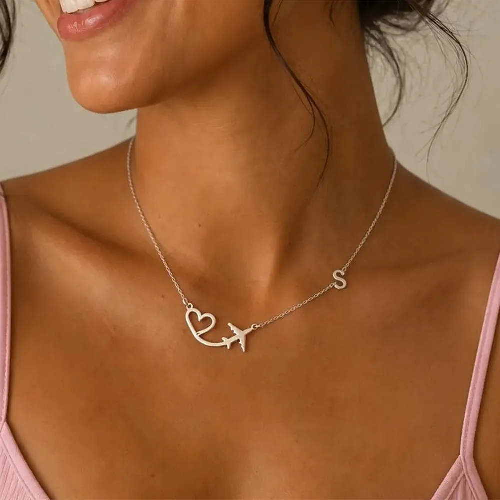 Personalized Heart Airplane Initial Pendant Necklace For Women Custom Letter Stainless Steel Jewelry Mama Birthday Christmas view 2