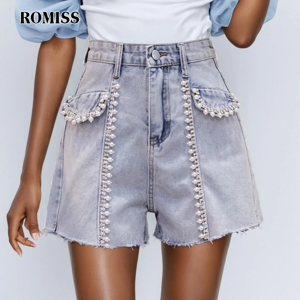 

ROMISS Patchwork Pearl Denim Shorts For Women High Waist Spliced Pocket Minimalist Loose Jeans Female Fashion Clothes New