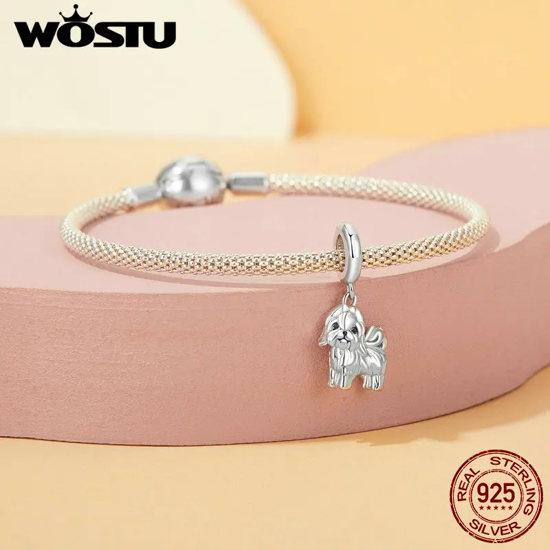 WOSTU 925 Sterling Silver Animal Pet Charm Dog Pendant Corgi Shih Tzu Dachshund Bead Fit Bracelet Necklace Birthday DIY Gift