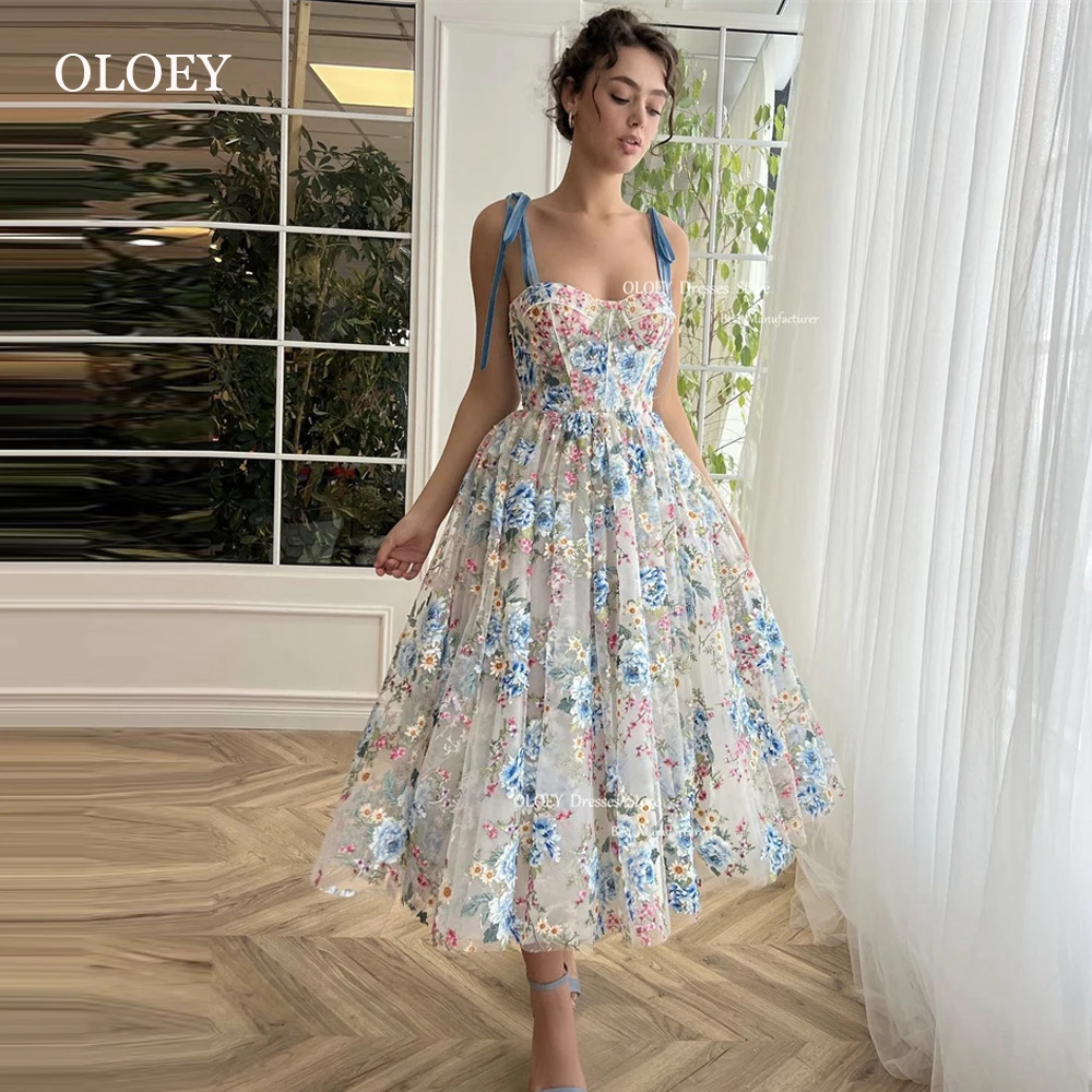 

OLOEY 2023 A Line Printed Lace prom dresses Sweetheart Straps Tea length Party Dresses vestidos para eventos especiales