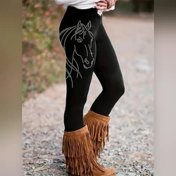 Horse-head print elastic elastic waist slim casual leggings for women